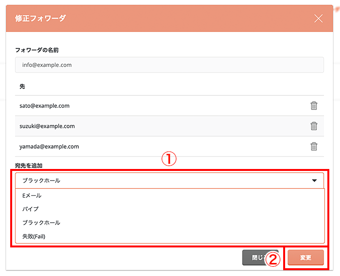 転送方法を選択し、「変更」をクリック