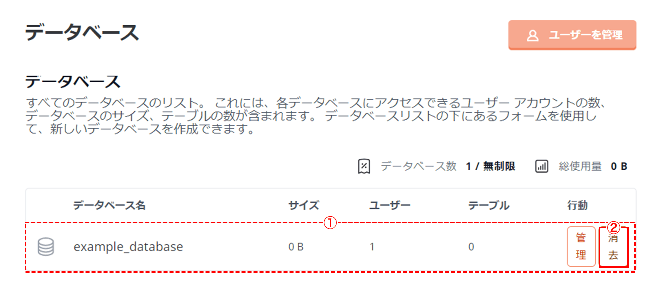 データベースを選択して、「消去」をクリック